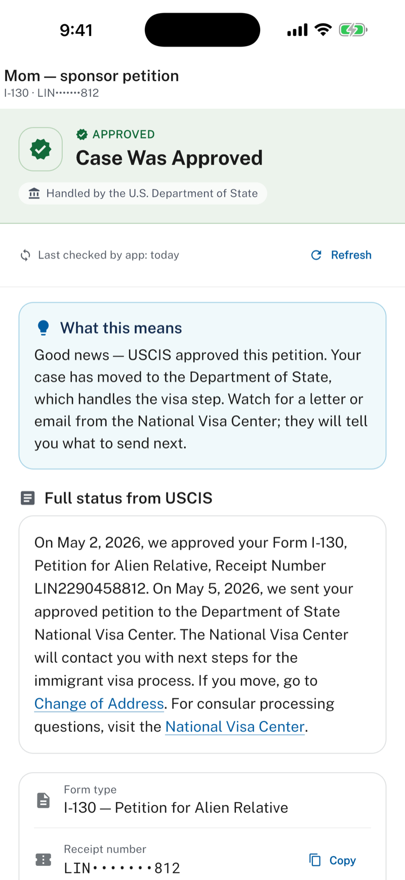 Case detail showing Case Was Approved, a plain-language explanation, and the full status from USCIS.