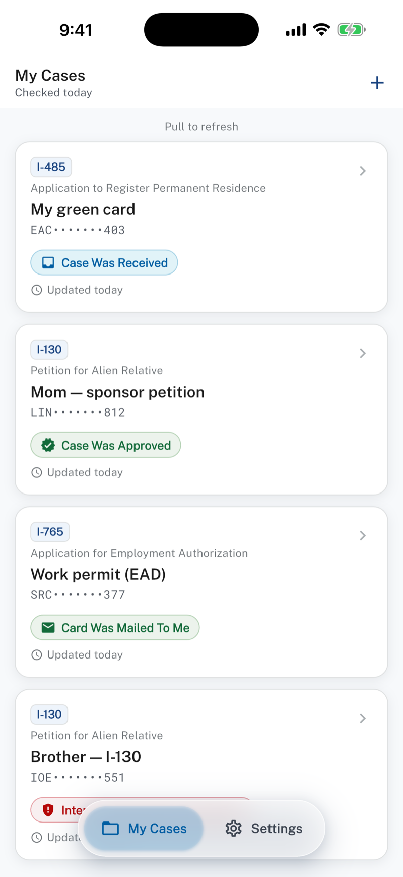 My Cases list with several tracked USCIS cases and their current public statuses.