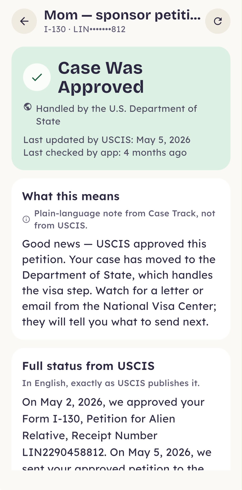 Case status screen