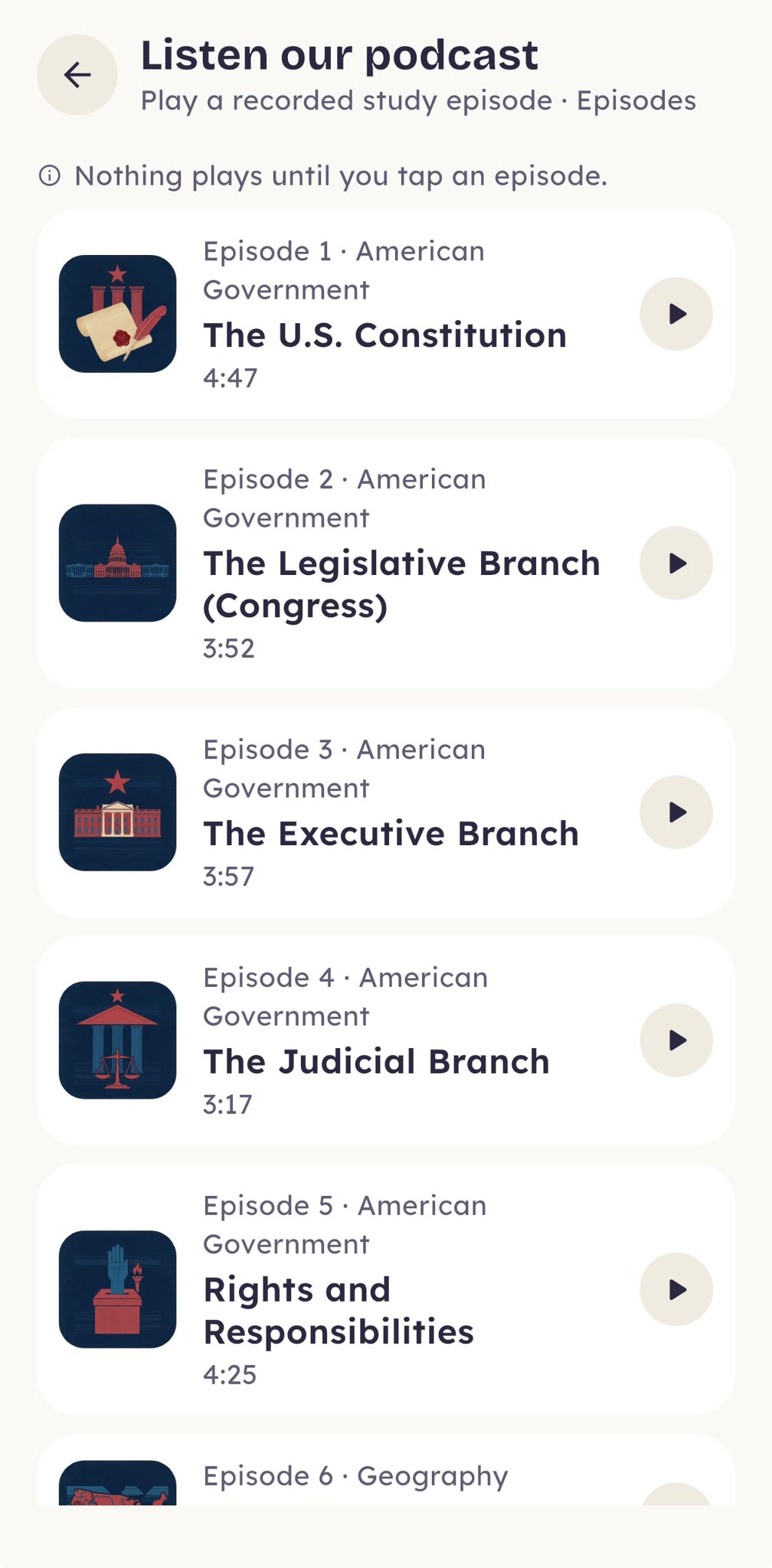 Civics study podcast screen