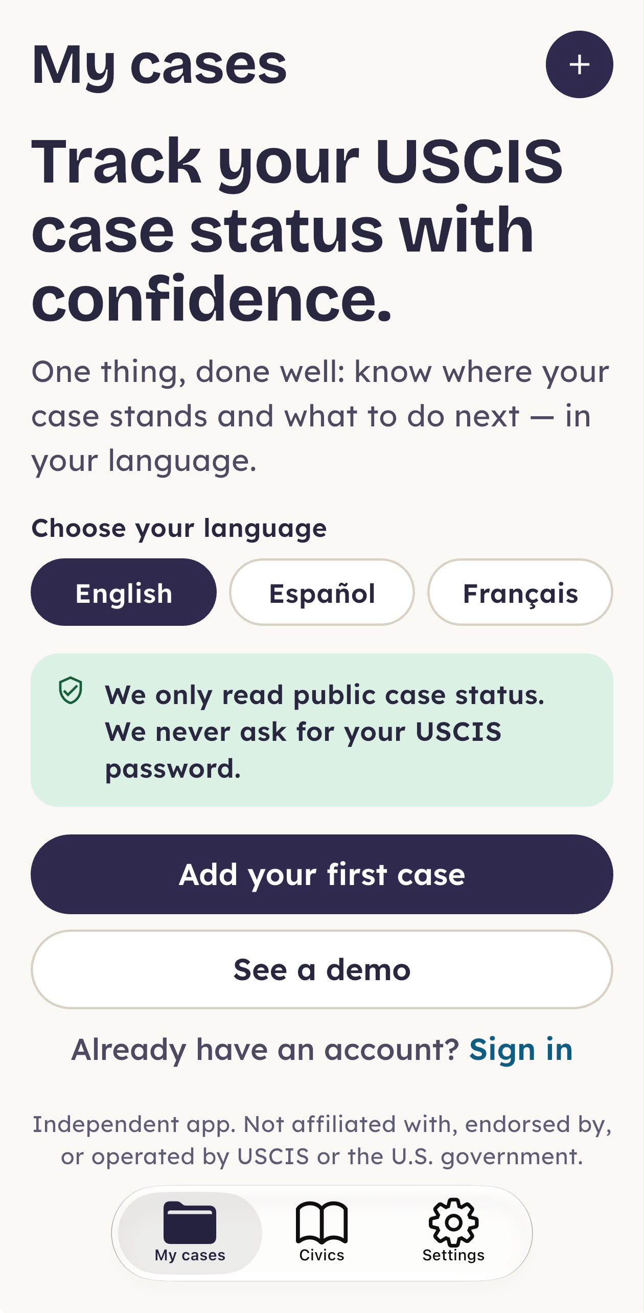 Case Track welcome screen: My cases